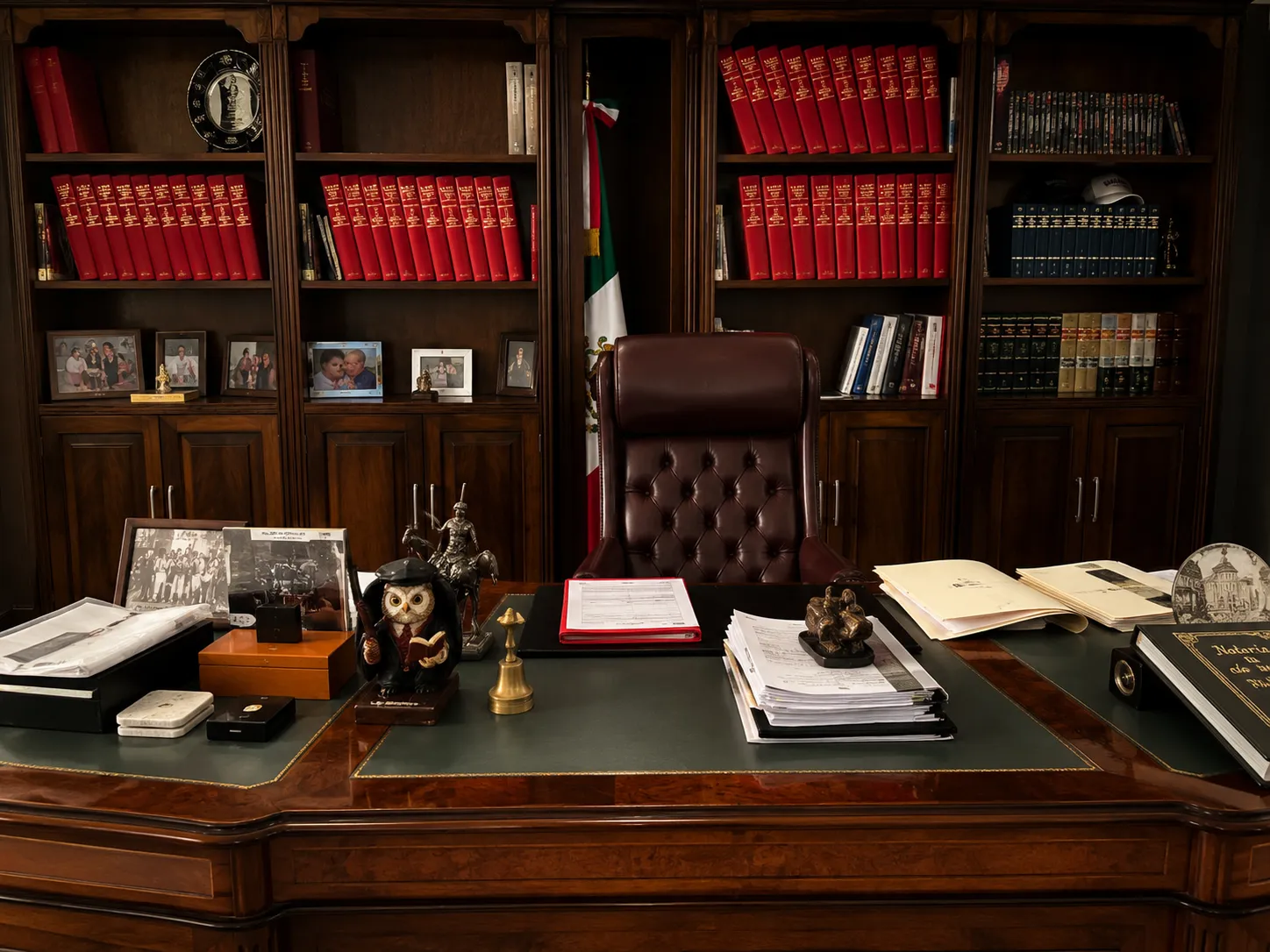 Instalaciones de GG Consultores: escritorio de madera, biblioteca jurídica y bandera mexicana.