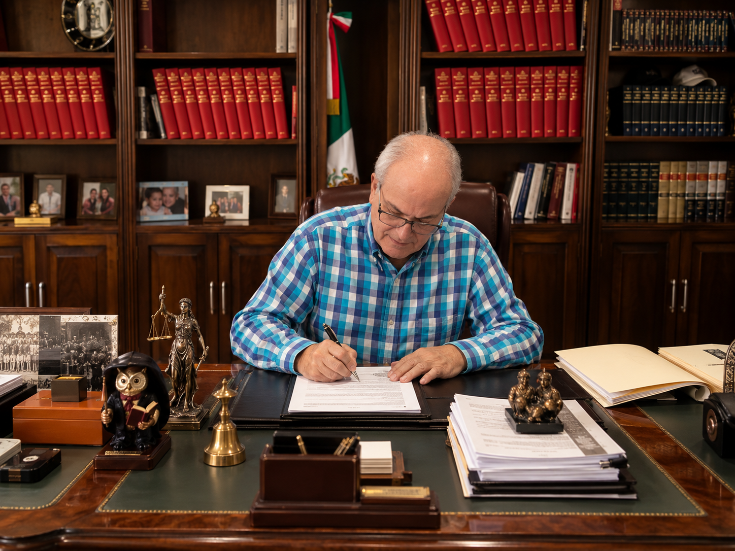 Lic. Miguel Ángel García Granados escribiendo en su escritorio, frente a su biblioteca jurídica.